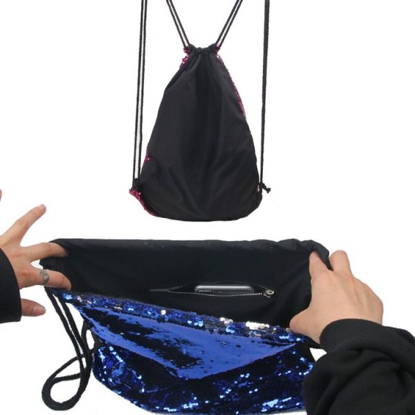 Mermaid Glittering Sequin Drawstring Sports Backpack Shoulder Bag (Bright Black) - Image 3