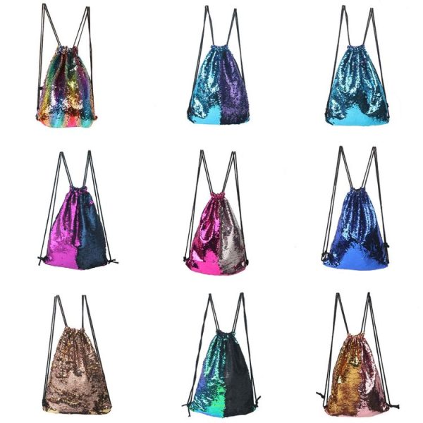 Mermaid Glittering Sequin Drawstring Sports Backpack Shoulder Bag (Bright Black) - Image 4