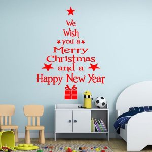 Blessing Christmas Tree Living Room Window Glass Door Removable Christmas Wall Sticker Decoration (Red)