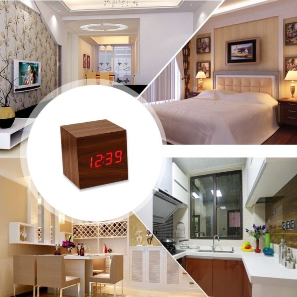 Wood Clock Desk Table LED Digital Display Alarm Clock with Time & Date & Temperature Display (Brown) - Image 10