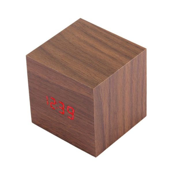 Wood Clock Desk Table LED Digital Display Alarm Clock with Time & Date & Temperature Display (Brown) - Image 2