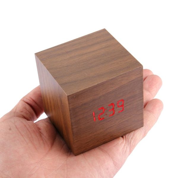 Wood Clock Desk Table LED Digital Display Alarm Clock with Time & Date & Temperature Display (Brown) - Image 5