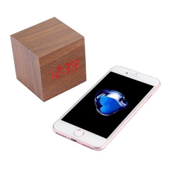 Wood Clock Desk Table LED Digital Display Alarm Clock with Time & Date & Temperature Display (Brown) - Image 9