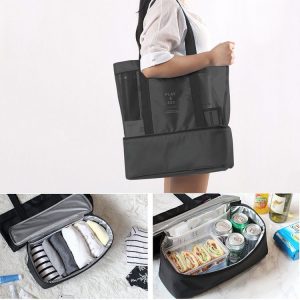 Portable Double Layer Mesh Sport Duffel Beach Picnic Shoulder Storage Bag Handbag (Black)