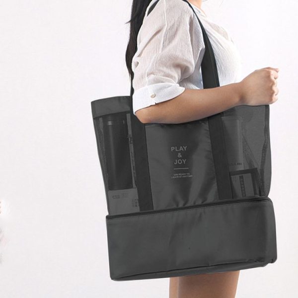 Portable Double Layer Mesh Sport Duffel Beach Picnic Shoulder Storage Bag Handbag (Black) - Image 2