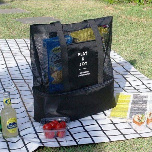 Portable Double Layer Mesh Sport Duffel Beach Picnic Shoulder Storage Bag Handbag (Black) - Image 4