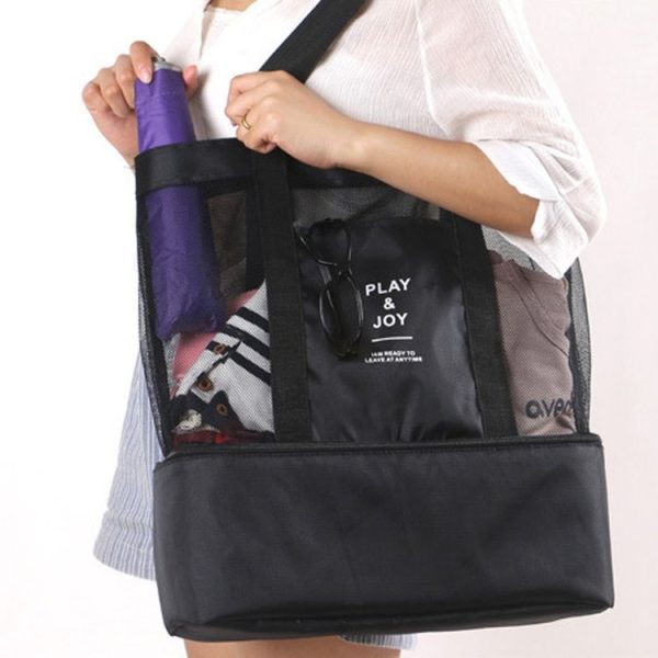 Portable Double Layer Mesh Sport Duffel Beach Picnic Shoulder Storage Bag Handbag (Black) - Image 9