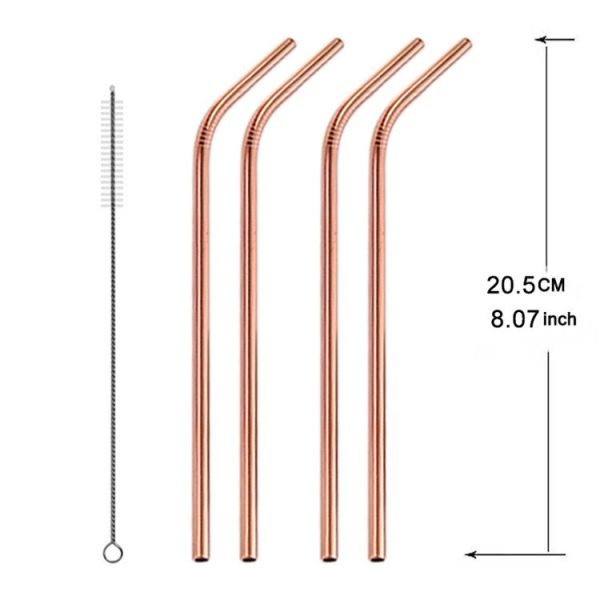 5pcs Reusable Stainless Steel Bent Drinking Straw + Cleaner Brush Set Kit, 215*6mm (Rose Gold) - Image 2