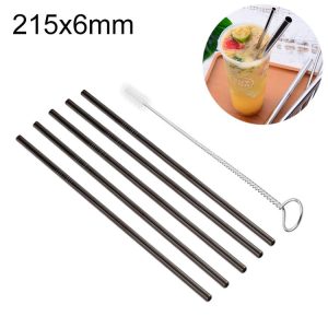 5pcs Reusable Stainless Steel Straight Drinking Straw + Cleaner Brush Set Kit, 215*6mm (Black)