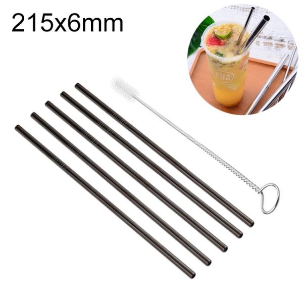 5pcs Reusable Stainless Steel Straight Drinking Straw + Cleaner Brush Set Kit, 215*6mm (Black)