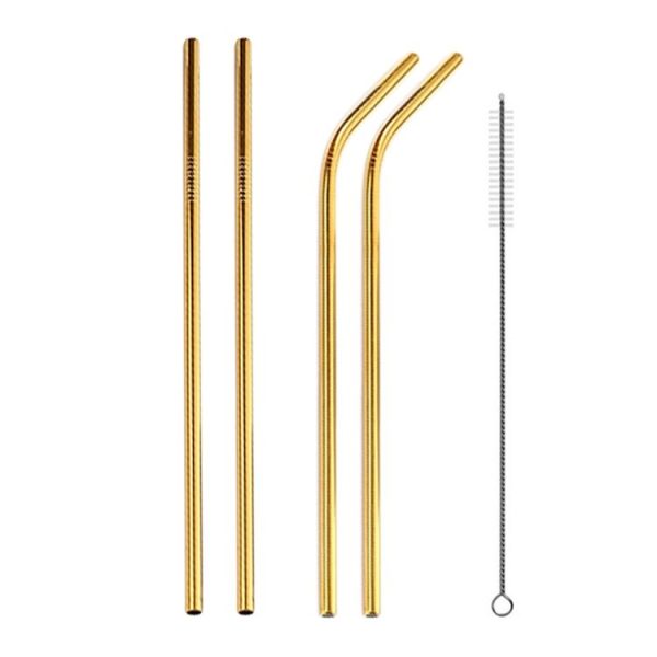 4pcs Reusable Stainless Steel Drinking Straw + Cleaner Brush Set Kit, 215*6mm (Gold) - Image 2