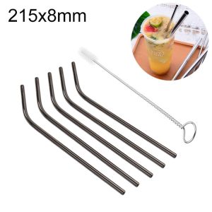 5pcs Reusable Stainless Steel Bent Drinking Straw + Cleaner Brush Set Kit, 215*8mm (Black)