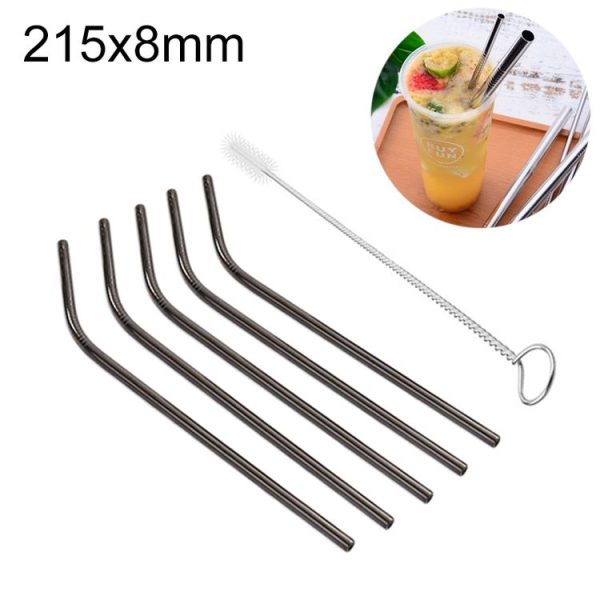 5pcs Reusable Stainless Steel Bent Drinking Straw + Cleaner Brush Set Kit, 215*8mm (Black)