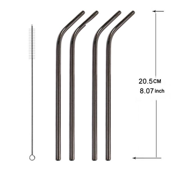 5pcs Reusable Stainless Steel Bent Drinking Straw + Cleaner Brush Set Kit, 215*8mm (Black) - Image 2