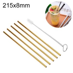 5pcs Reusable Stainless Steel Straight Drinking Straw + Cleaner Brush Set Kit, 215*8mm (Gold)