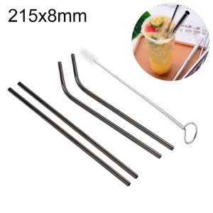 4pcs Reusable Stainless Steel Drinking Straw + Cleaner Brush Set Kit, 215*8mm (Black)