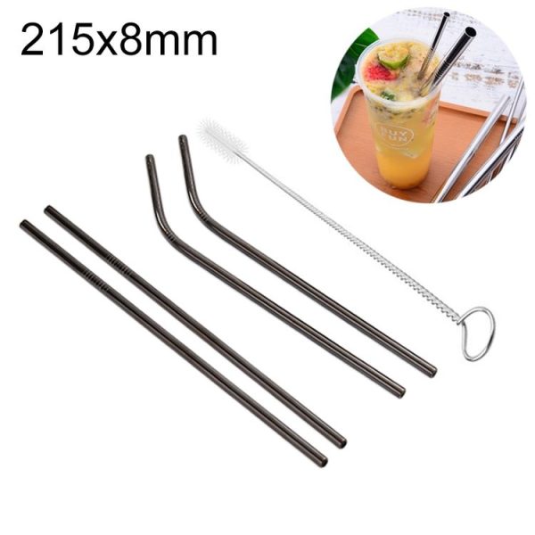 4pcs Reusable Stainless Steel Drinking Straw + Cleaner Brush Set Kit, 215*8mm (Black)