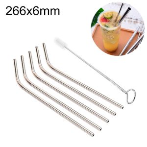 5pcs Reusable Stainless Steel Bent Drinking Straw + Cleaner Brush Set Kit, 266*6mm (Silver)