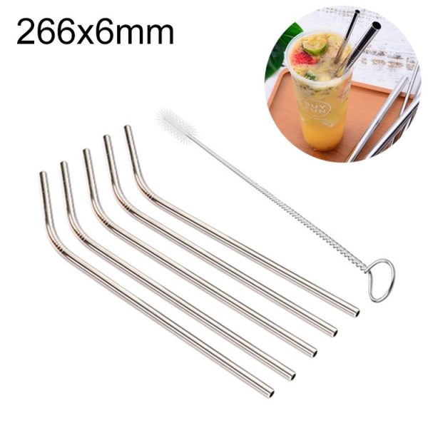 5pcs Reusable Stainless Steel Bent Drinking Straw + Cleaner Brush Set Kit, 266*6mm (Silver)