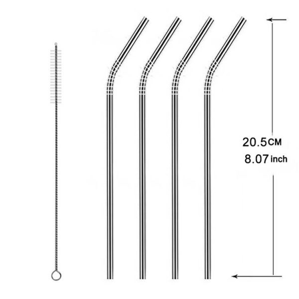 5pcs Reusable Stainless Steel Bent Drinking Straw + Cleaner Brush Set Kit, 266*6mm (Silver) - Image 2