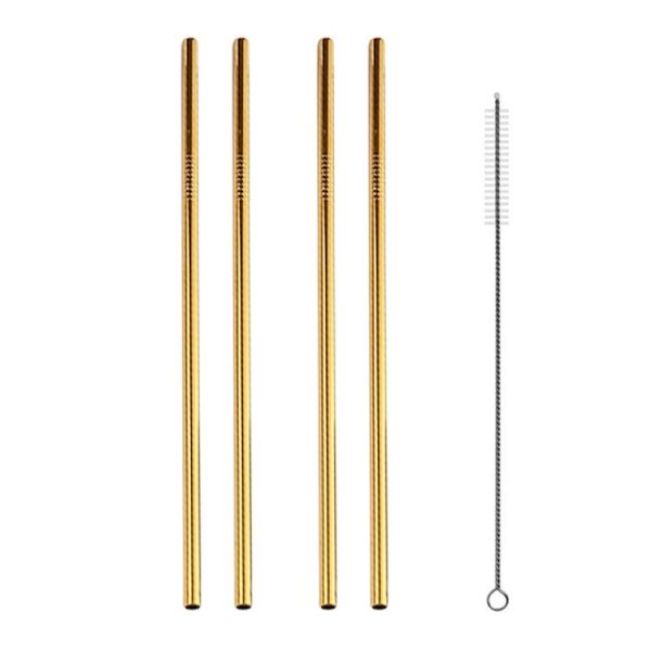 5pcs Reusable Stainless Steel Straight Drinking Straw + Cleaner Brush Set Kit, 266*6mm (Gold) - Image 2