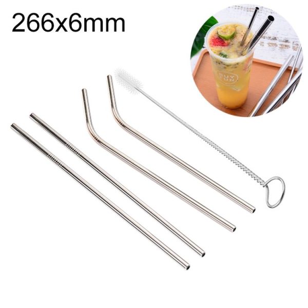 4pcs Reusable Stainless Steel Drinking Straw + Cleaner Brush Set Kit, 266*6mm (Silver)