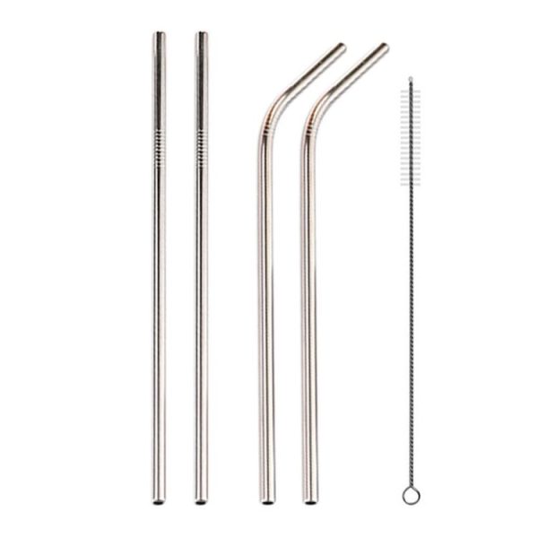 4pcs Reusable Stainless Steel Drinking Straw + Cleaner Brush Set Kit, 266*6mm (Silver) - Image 2