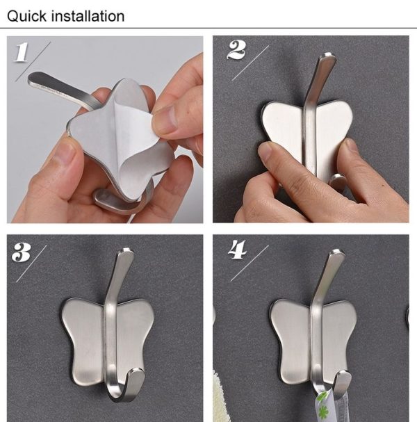 Stainless Steel Butterfly Shape Sticky Clothes Hook Bathroom Non-perforated Storage Rack - Image 6