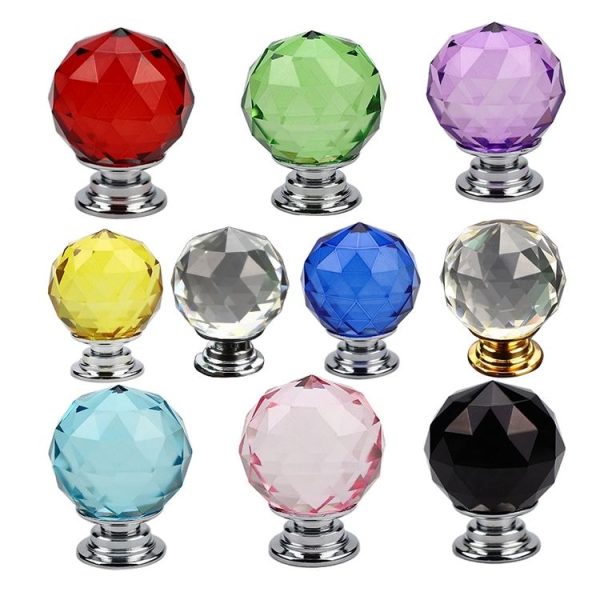 30mm K9 Plated Transparent Glass Crystal Spherical Single Hole Drawer Handle (Lake Blue) - Image 2
