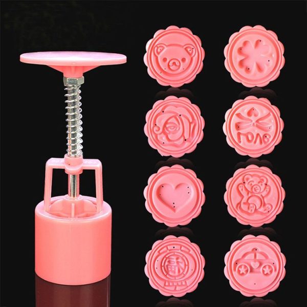 DIY Fondant Cake Mold Biscuit Cookie Cutters Baking Tools with 8 PCS Round Cartoon Patterns (Pink)