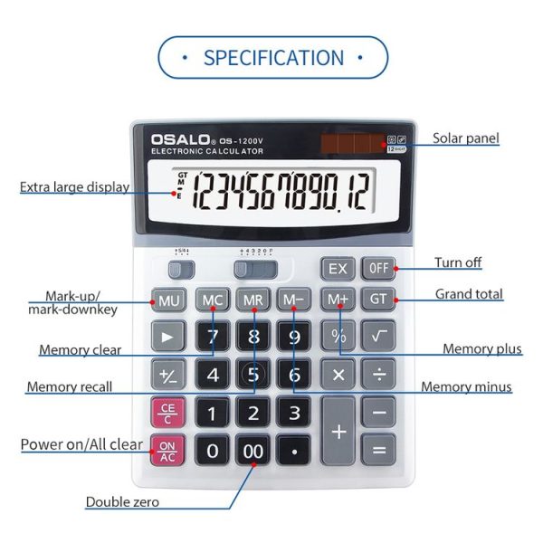 OSALO OS-1200V 12 Digits Desktop Calculator Solar Energy Dual Power Calculator - Image 5