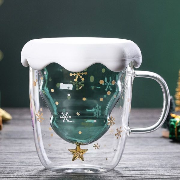 300ML Creative Double-Layer Glass Christmas Tree Star Water Cup, With Lid