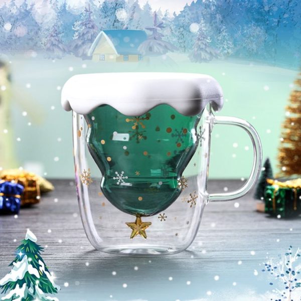 300ML Creative Double-Layer Glass Christmas Tree Star Water Cup, With Lid - Image 9