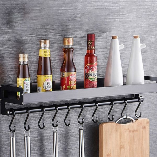 50cm 8 Hooks Kitchen Multi-function Wall Hanging Holder Seasoning Storage Rack (Black) - Image 2