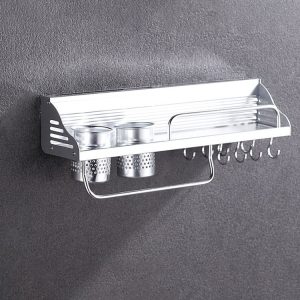 50cm 2 Cups 8 Hooks Multi-function Kitchen Punching Wall-mounted Plastic Edge Condiment Holder Storage Rack