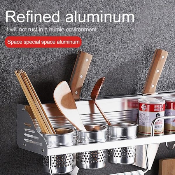 50cm 2 Cups 8 Hooks Multi-function Kitchen Punching-free Wall-mounted Plastic Edge Condiment Holder Storage Rack - Image 8