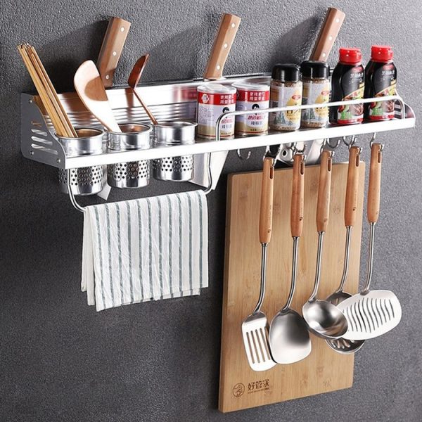 80cm 3 Cups 10 Hooks Multi-function Kitchen Punching-free Wall-mounted Plastic Edge Condiment Holder Storage Rack - Image 2