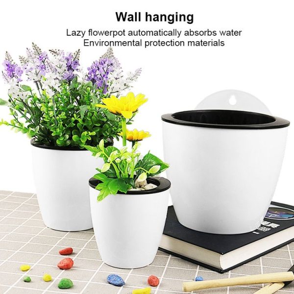 Self-Watering Planter Grow Plants Lazy Flower Pots Wall-hanging Round Resin Plastic Flower Pots, Size: 18x12.5x16cm (Black) - Image 5
