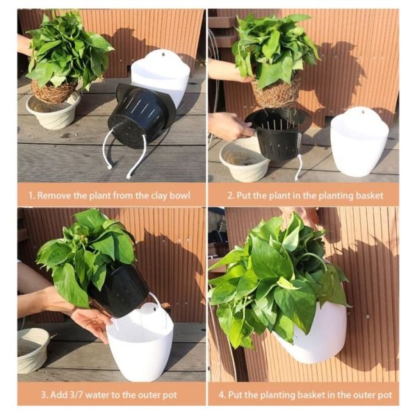 Self-Watering Planter Grow Plants Lazy Flower Pots Wall-hanging Round Resin Plastic Flower Pots, Size: 18x12.5x16cm (Black) - Image 6
