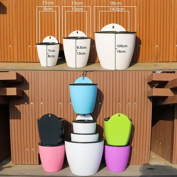 Self-Watering Planter Grow Plants Lazy Flower Pots Wall-hanging Round Resin Plastic Flower Pots, Size: 18x12.5x16cm (Black) - Image 8