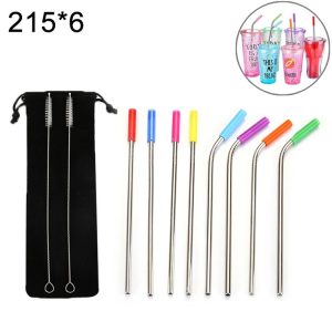 8pcs Reusable Silicone Tips Stainless Steel Drinking Straws + 2pcs Cleaner Brushes Set Kit with Cashmere Bag, 215*6mm