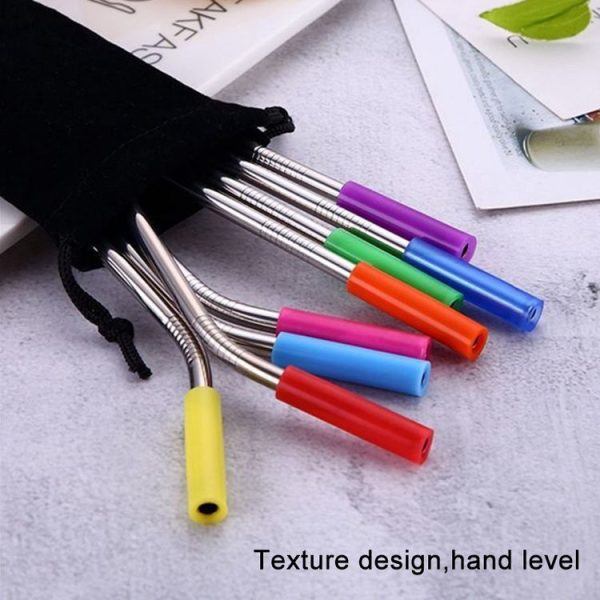 8pcs Reusable Silicone Tips Stainless Steel Drinking Straws + 2pcs Cleaner Brushes Set Kit with Cashmere Bag, 215*6mm - Image 10