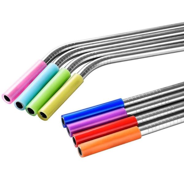8pcs Reusable Silicone Tips Stainless Steel Drinking Straws + 2pcs Cleaner Brushes Set Kit with Cashmere Bag, 215*6mm - Image 3