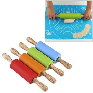 Kn055 Solid Wooden Handle Silicone Rolling Pin Non-stick Food Dumpling Stick, Length: 23cm, Random Color Delivery