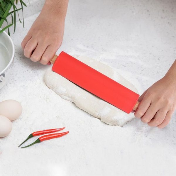 Kn055 Solid Wooden Handle Silicone Rolling Pin Non-stick Food Dumpling Stick, Length: 29cm, Random Color Delivery - Image 6