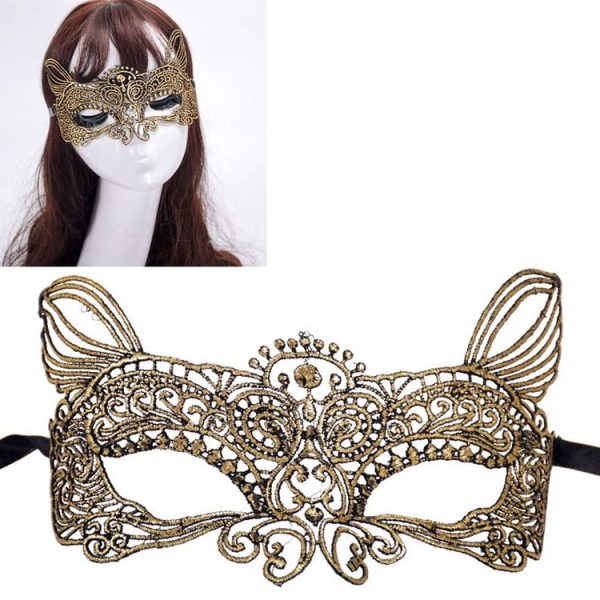 Halloween Masquerade Party Dance Sexy Lady Bronzing Lace Cat King Mask (Gold)