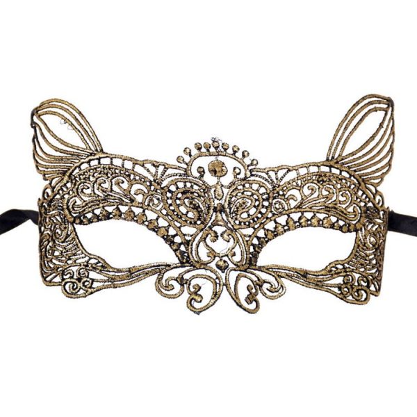 Halloween Masquerade Party Dance Sexy Lady Bronzing Lace Cat King Mask (Gold) - Image 2