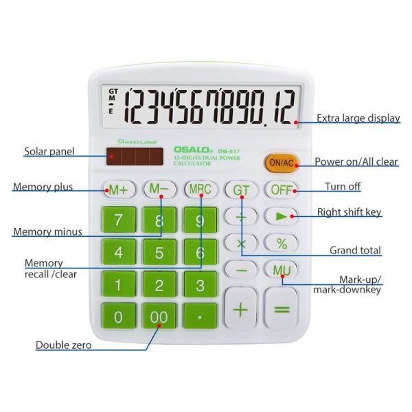 OSALO OS-837VC 12 Digits Colorful Desktop Calculator Solar Energy Dual Power Calculator (Green) - Image 5