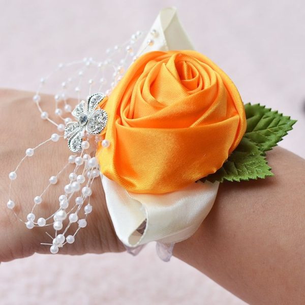 Handmade Wedding Bride Wrist Flower Boutonniere Bouquet Corsage Diamond Satin Rose Flowers - Image 2