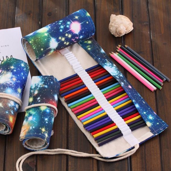 72 Slots Cosmic Galaxy Print Pen Bag Canvas Pencil Wrap Curtain Roll Up Pencil Case Stationery Pouch - Image 3